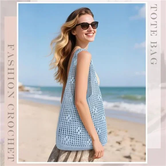 Crochet Tote Bag, Mesh Beach Bag Blue - Picture 6 of 7